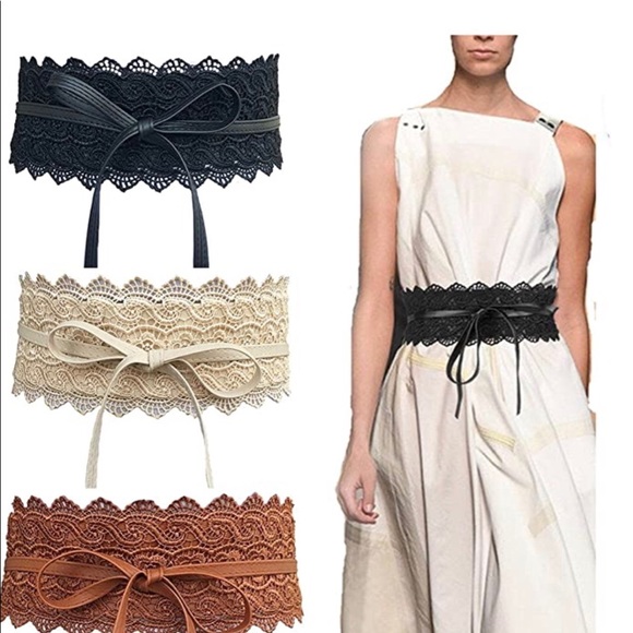 Accessories - Cream Lace faux leather wide boho belt stretch